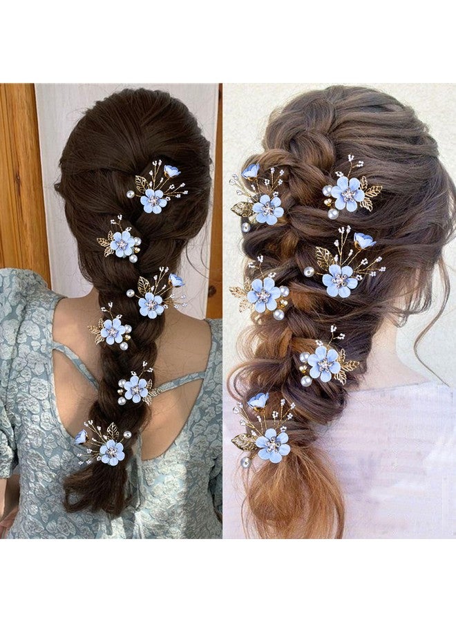 LAPOHI 6 Pieces Bridal Flower Wedding Hair Pins Crystal Pearl Hair Pins Clips Headpiece Gold Wedding Hair Accessories Jewelry with Rhinestone for Brides Bridesmaids Women Girls Updo (Special Cream Blue) - Image 4