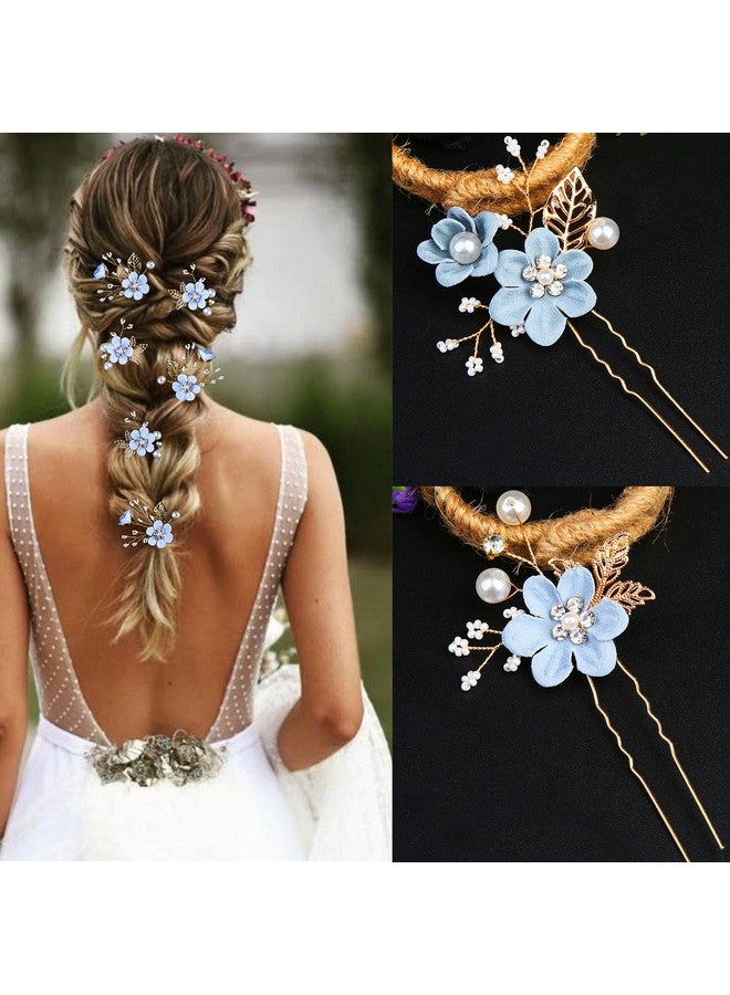 LAPOHI 6 Pieces Bridal Flower Wedding Hair Pins Crystal Pearl Hair Pins Clips Headpiece Gold Wedding Hair Accessories Jewelry with Rhinestone for Brides Bridesmaids Women Girls Updo (Special Cream Blue) - Image 5