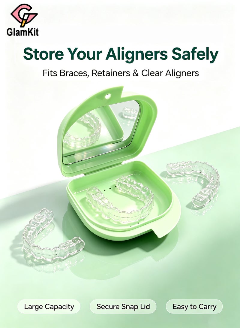 GlamKit Green Orthodontic Retainer Case With Built-in Mirror, Portable Braces Aligner Storage Box, Vent Hole Design Denture Holder Container, Large Capacity Dustproof Oral Care Box for Invisalign, Mouth Guard, Dental Night Guard - Image 1