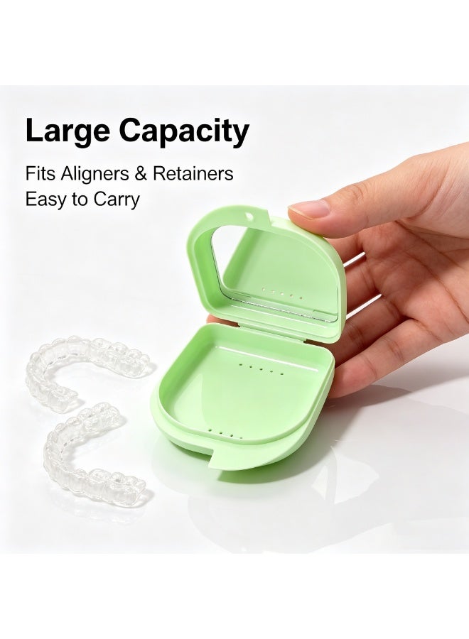 GlamKit Green Orthodontic Retainer Case With Built-in Mirror, Portable Braces Aligner Storage Box, Vent Hole Design Denture Holder Container, Large Capacity Dustproof Oral Care Box for Invisalign, Mouth Guard, Dental Night Guard - Image 4