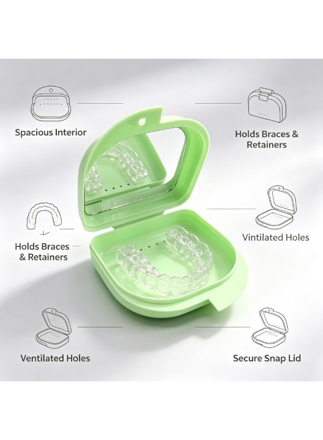 GlamKit Green Orthodontic Retainer Case With Built-in Mirror, Portable Braces Aligner Storage Box, Vent Hole Design Denture Holder Container, Large Capacity Dustproof Oral Care Box for Invisalign, Mouth Guard, Dental Night Guard - Image 3