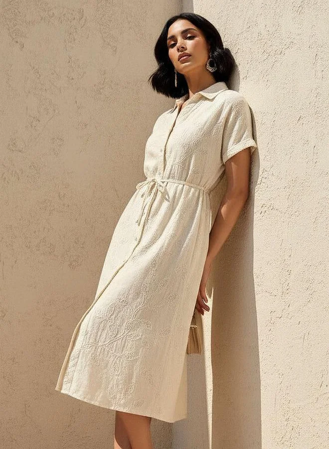 Iconic Belted Midi Shirt Dress with Embroidered Design