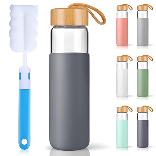 Yomious 25 Oz Glass Water Bottle with Bamboo Lid  Borosilicate Glass Water Bottles with Sleeve Wide Mouth and Dishwasher Safe Water Bottle Glass  Bonus 1x BrushCharcoal Grey