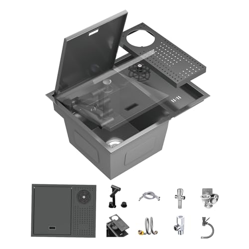 FVVJVV Topmount Bar Sink 21.6 x 17.7 Inch Stainless Steel Single Bowl Workstation Kitchen Sink with Press Cup Washer and Swivel Folding Faucet - Image 1