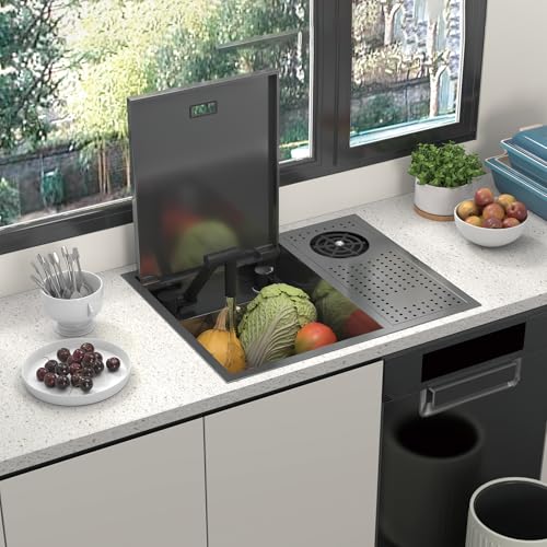 FVVJVV Topmount Bar Sink 21.6 x 17.7 Inch Stainless Steel Single Bowl Workstation Kitchen Sink with Press Cup Washer and Swivel Folding Faucet - Image 2