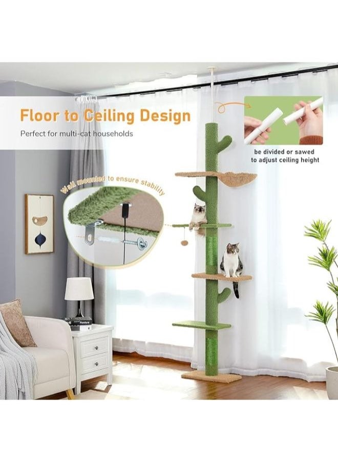 PAWZ Road Cactus Cat Tree Floor to Ceiling Cat Tower with Adjustable Height(241-273 cm), 5 Tiers Cat Climbing Activity Center with Cozy Hammock, Platforms and Dangling Balls for Indoor Cats