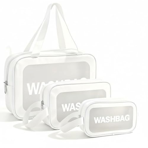 Wazdorf Cosmetic Pouch Bag – Large Waterproof Wash Bag with Handle, Translucent Cosmetic Organizer for Makeup, Brushes & Accessories – Unisex Storage Pouch for Travel & Bathroom Use (White-3 Pcs) - Image 1