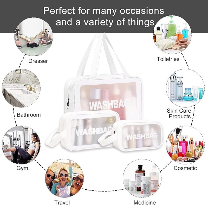 Wazdorf Cosmetic Pouch Bag – Large Waterproof Wash Bag with Handle, Translucent Cosmetic Organizer for Makeup, Brushes & Accessories – Unisex Storage Pouch for Travel & Bathroom Use (White-3 Pcs) - Image 4