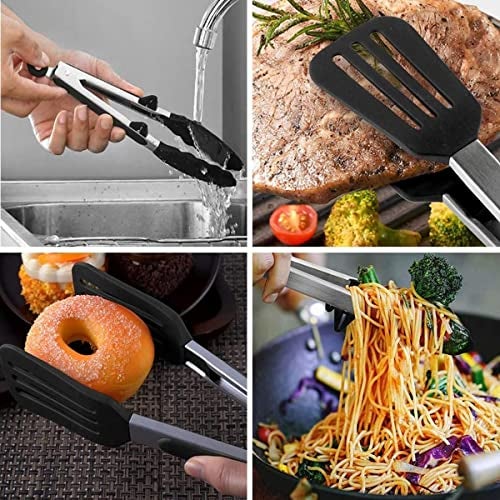 TOMATUS 3-Piece Kitchen Cooking Utensil Tong Set with Stainless Steel Handle – Heat Resistant Nylon Spatula, Slotted Turner & Pasta Server – Non-Stick Friendly Cooking Tools for Home Kitchen (Black) - Image 5
