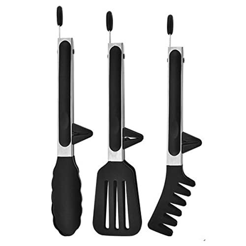 TOMATUS 3-Piece Kitchen Cooking Utensil Tong Set with Stainless Steel Handle – Heat Resistant Nylon Spatula, Slotted Turner & Pasta Server – Non-Stick Friendly Cooking Tools for Home Kitchen (Black) - Image 1