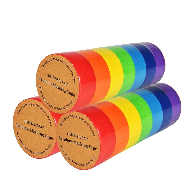 SIMON&ISAAC Colored Masking Tape Colored Painters Tape 1 inch Width Adhesive Tape Textured Paper 7 Rolls 14 Yards×1 inch Teacher Tape Lab Labeling Drafting Craft Colored Tape (3 PCS) - Image 1