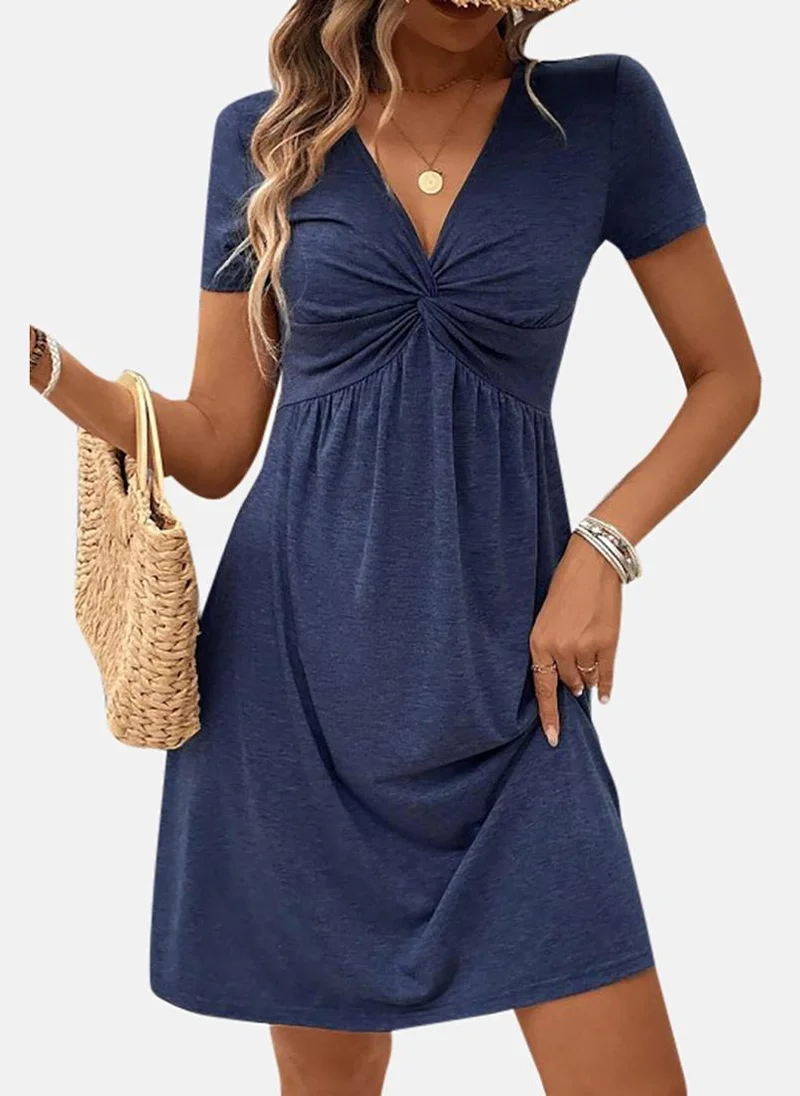 يونيكي Blue Solid Short Sleeve Plunge Neck Mini A-Line Dress