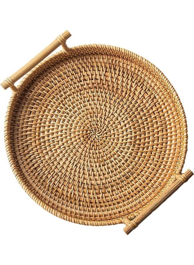 Loquat Round Woven Serving Tray with Handles Brown 21.5 x 6cm - Image 1