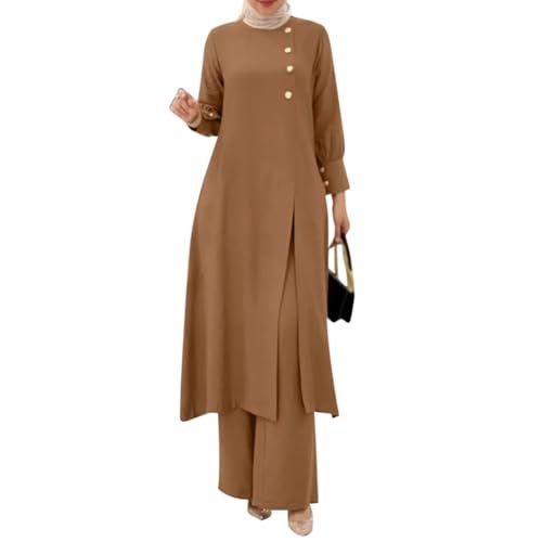 IDOPIP Abaya Dress for Women Muslim Set Long Sleeve Chiffon Ramadan Islamic Prayer Dress Button Down Shirt with Pants 2PCS Middle East Dubai Outfits Modest Arabic Casual Clothes Khaki Split S - Image 1