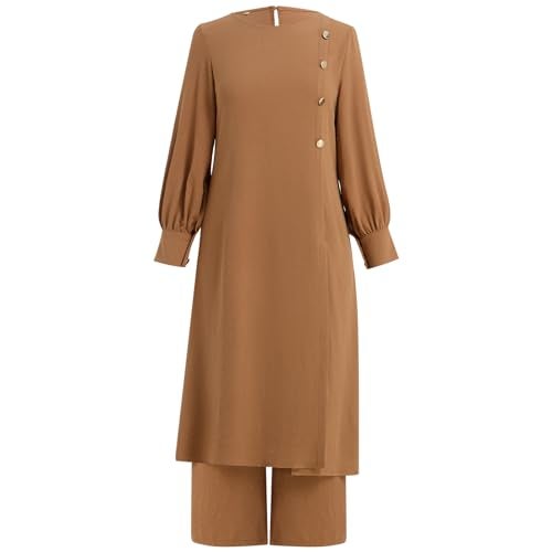 IDOPIP Abaya Dress for Women Muslim Set Long Sleeve Chiffon Ramadan Islamic Prayer Dress Button Down Shirt with Pants 2PCS Middle East Dubai Outfits Modest Arabic Casual Clothes Khaki Split S - Image 3