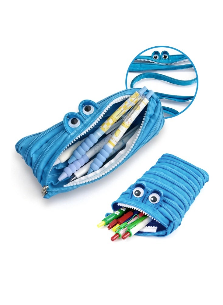 Monster Zipper Pen Case-Multifunction Cute Big-Eyed Monster Pencil Case, Fashionable and Unique Wallet, Practical  Student Stationery Suitable for Men and Women (Blue) - Image 1