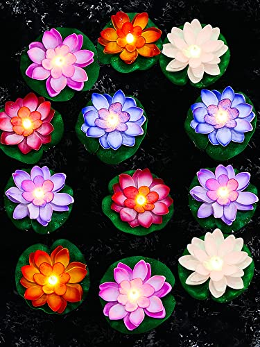 Hortsun 12 Pcs Floating Lotus Lights with Batteries Lily Pads Pool Flowers Diwali Pooja Decorations Floating Candles Decor for Pool Pond Outdoor Indoor591 InchMulticolor - Image 1