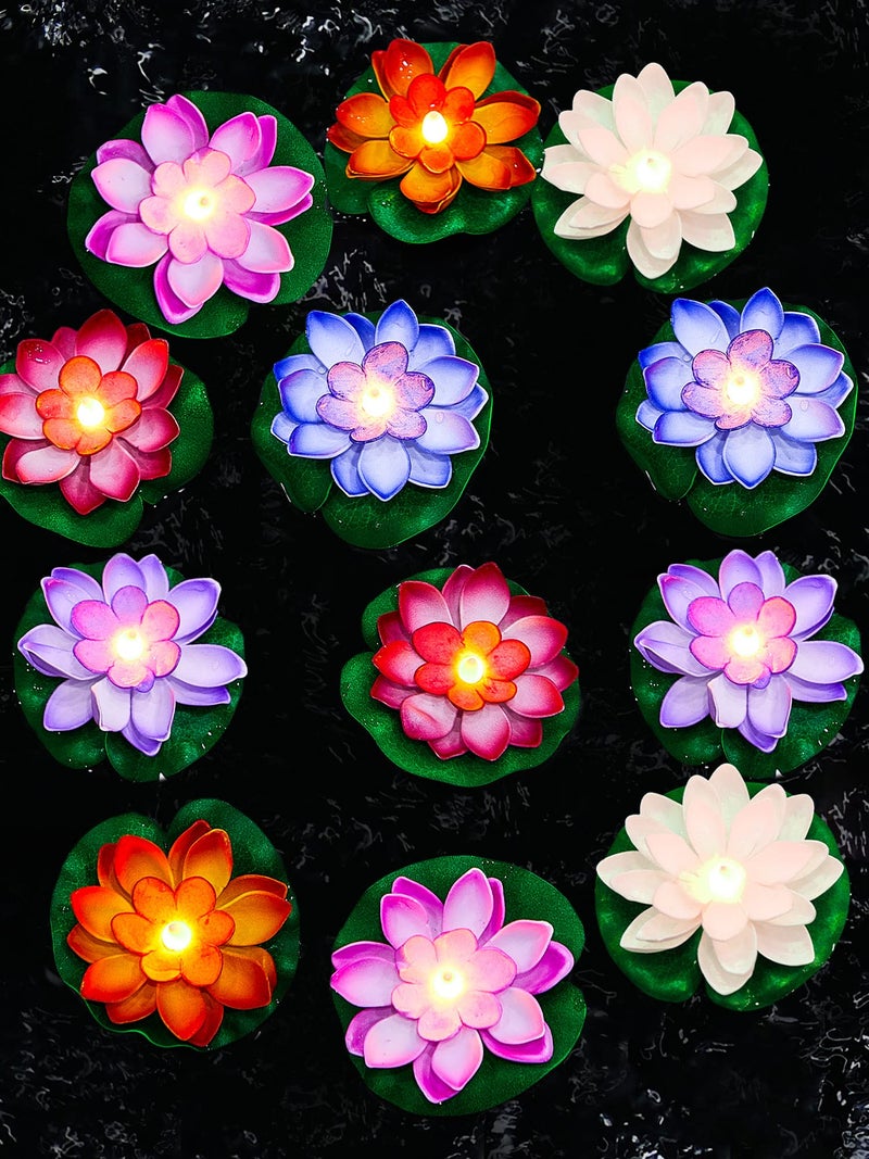 Hortsun 12 Pcs Floating Lotus Lights with Batteries Lily Pads Pool Flowers Diwali Pooja Decorations Floating Candles Decor for Pool Pond Outdoor Indoor591 InchMulticolor - Image 2