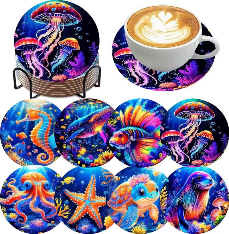Mrnsiet 8PCS Diamond Art Coasters with Holder, DIY Ocean Animals Diamond Painting Coasters Kits for Adults, Non Slip Marine Animals Mosaic Dot Painting Coaster Gift Set for Beginners 4x4 Inch - Image 1