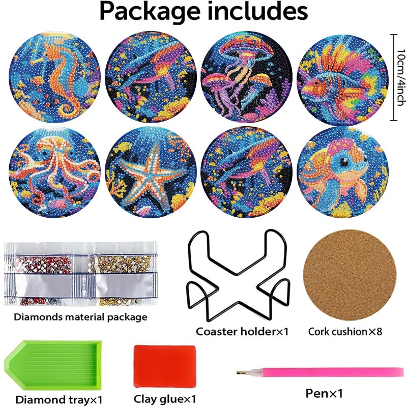 Mrnsiet 8PCS Diamond Art Coasters with Holder, DIY Ocean Animals Diamond Painting Coasters Kits for Adults, Non Slip Marine Animals Mosaic Dot Painting Coaster Gift Set for Beginners 4x4 Inch - Image 3