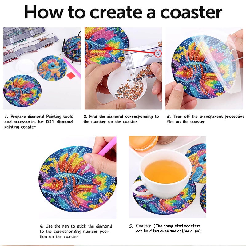 Mrnsiet 8PCS Diamond Art Coasters with Holder, DIY Ocean Animals Diamond Painting Coasters Kits for Adults, Non Slip Marine Animals Mosaic Dot Painting Coaster Gift Set for Beginners 4x4 Inch - Image 4