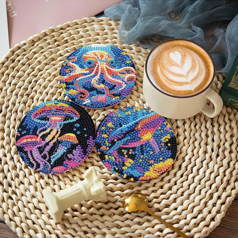 Mrnsiet 8PCS Diamond Art Coasters with Holder, DIY Ocean Animals Diamond Painting Coasters Kits for Adults, Non Slip Marine Animals Mosaic Dot Painting Coaster Gift Set for Beginners 4x4 Inch - Image 2
