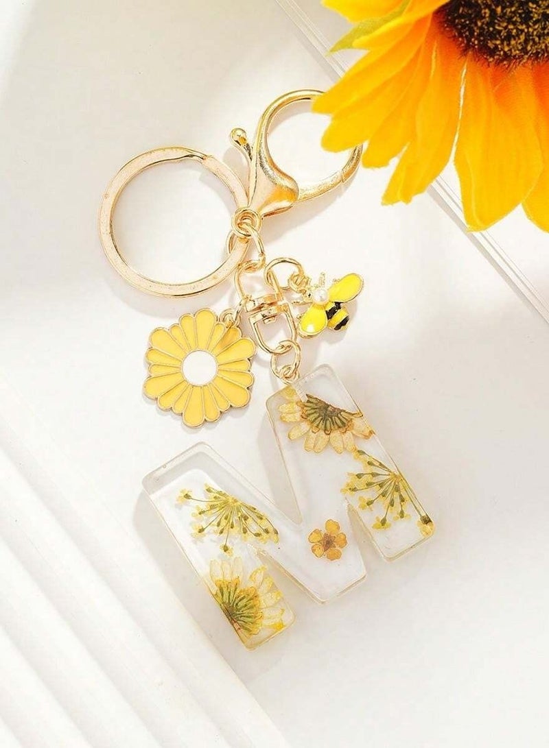 Personalized Floral Resin Keychain with Sunflower Charm – Letter 'M' Design