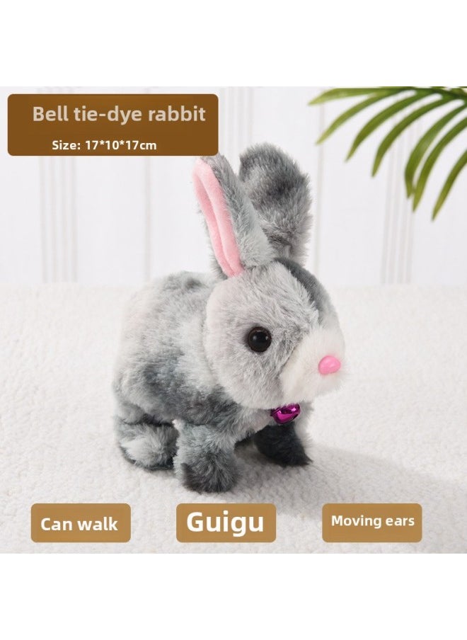 Plush Electric White Rabbit Pet Will Walk Call Mouth Shake Ears Long Plush Rabbit Toy Plush Electric White-Color:Bell Tie-dye Rabbit [grey]  - Image 1