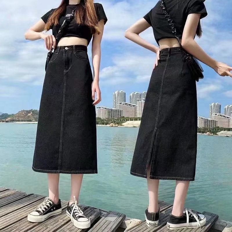 Spring and Summer Retro Women's Hong Kong Style Split Large Size Denim Skirt Women's Mid-Length High Waist A- Line Hip Skirt for Chubby Girls - Image 3