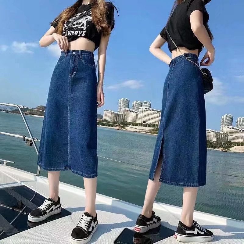 Spring and Summer Retro Women's Hong Kong Style Split Large Size Denim Skirt Women's Mid-Length High Waist A- Line Hip Skirt for Chubby Girls - Image 4