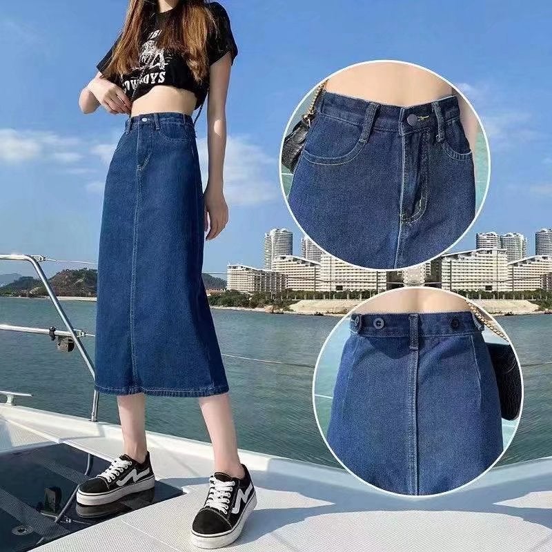 Spring and Summer Retro Women's Hong Kong Style Split Large Size Denim Skirt Women's Mid-Length High Waist A- Line Hip Skirt for Chubby Girls - Image 5