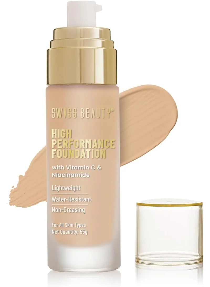 Swiss Beauty Swiss Beauty High Performance Foundation | Water-Resistant | Medium To Buildable Coverage Liquid Dewy Finish | Lightweight | Easy To Blend | With Vitamin C & Niacinamide | 04 Natural Nude, 55G