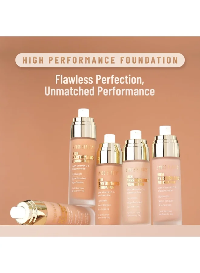 Swiss Beauty Swiss Beauty High Performance Foundation | Water-Resistant | Medium To Buildable Coverage Liquid Dewy Finish | Lightweight | Easy To Blend | With Vitamin C & Niacinamide | 04 Natural Nude, 55G