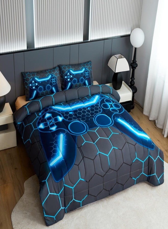 akkialla Gaming Queen Size Bedding Set for Kids Boys Girls and Teens,Game Controller Comforter Set(3 Pieces) Down Alternative Comforter for All Seasons,Gamer Home Decor(Blue,Queen) - Image 2