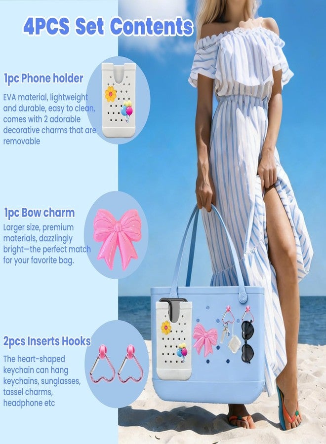 Limotex 4PCS Accessories Compatible with Bogg Bag, Including 1PC Call Phone Holder, 2PCS Heart Keychain Hooks and 1PC Bow Charm for Women Girls, Charms Holder Accessory for Beach Tote Bags(White) - Image 3