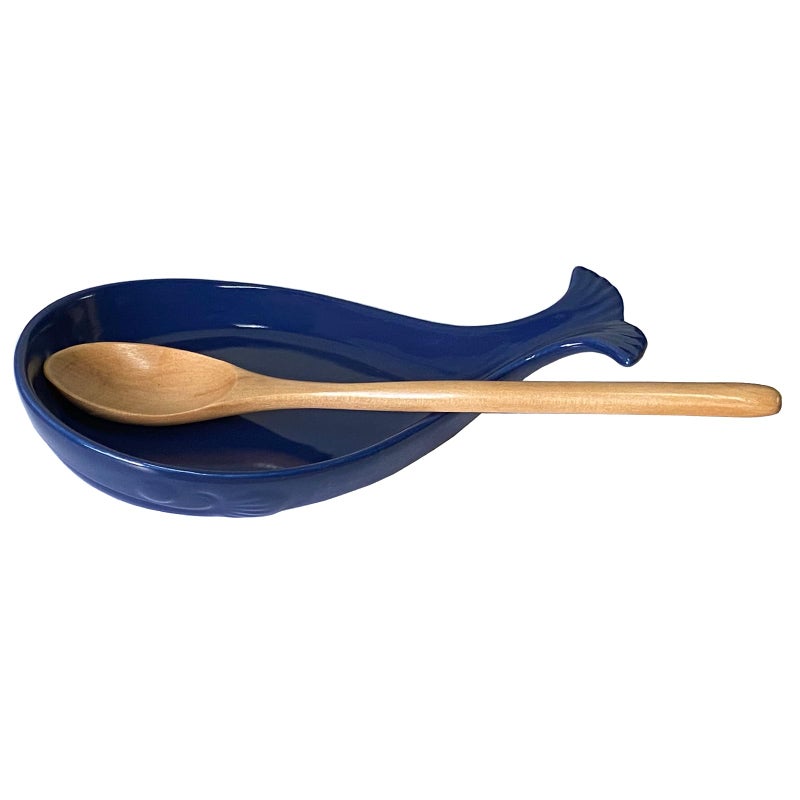 Ceramic Spoon Rest for Kitchen with Wooden Spoon Whale Shape Navy 48W X 78L