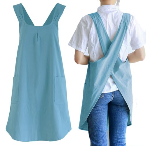 NEWGEM Japanese Cotton Cross Back Kitchen Cooking Aprons for Women with Pockets Cute for Baking Painting Gardening Cleaning Sky Blue - Image 1
