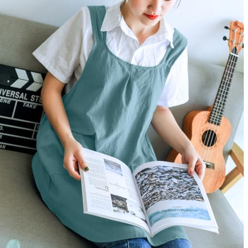 NEWGEM Japanese Cotton Cross Back Kitchen Cooking Aprons for Women with Pockets Cute for Baking Painting Gardening Cleaning Sky Blue - Image 2