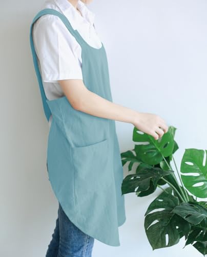 NEWGEM Japanese Cotton Cross Back Kitchen Cooking Aprons for Women with Pockets Cute for Baking Painting Gardening Cleaning Sky Blue - Image 4