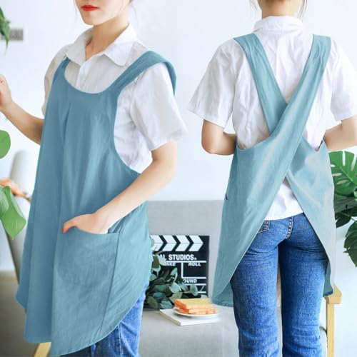 NEWGEM Japanese Cotton Cross Back Kitchen Cooking Aprons for Women with Pockets Cute for Baking Painting Gardening Cleaning Sky Blue - Image 3
