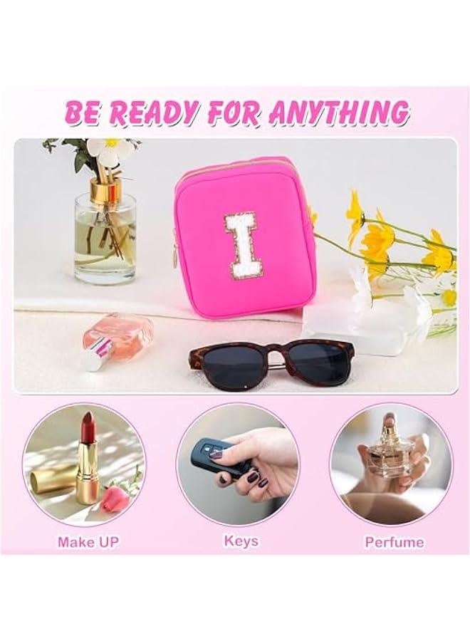 Initial Makeup Bag for Women Small Personalized Chenille Letter Nylon Cosmetic Bag for Purse Preppy Travel Cute Nylon Makeup Pouch Toiletry Makeup Organizer Bag for Birthday Gift(Hot Pink I)
