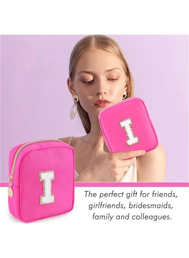 Initial Makeup Bag for Women Small Personalized Chenille Letter Nylon Cosmetic Bag for Purse Preppy Travel Cute Nylon Makeup Pouch Toiletry Makeup Organizer Bag for Birthday Gift(Hot Pink I)