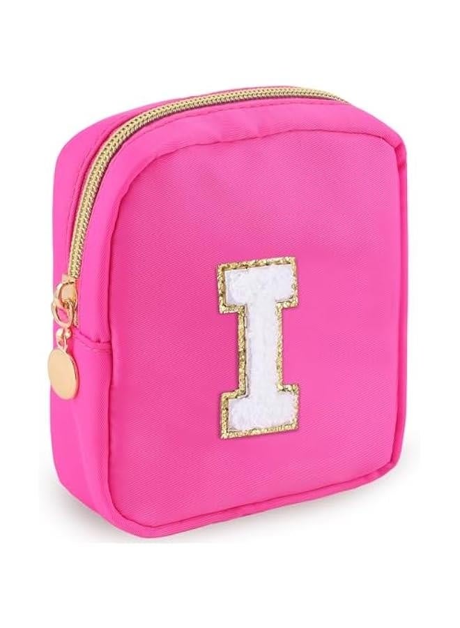 Initial Makeup Bag for Women Small Personalized Chenille Letter Nylon Cosmetic Bag for Purse Preppy Travel Cute Nylon Makeup Pouch Toiletry Makeup Organizer Bag for Birthday Gift(Hot Pink I)