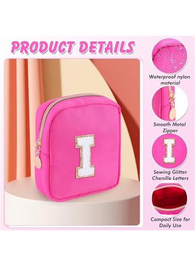 Initial Makeup Bag for Women Small Personalized Chenille Letter Nylon Cosmetic Bag for Purse Preppy Travel Cute Nylon Makeup Pouch Toiletry Makeup Organizer Bag for Birthday Gift(Hot Pink I)