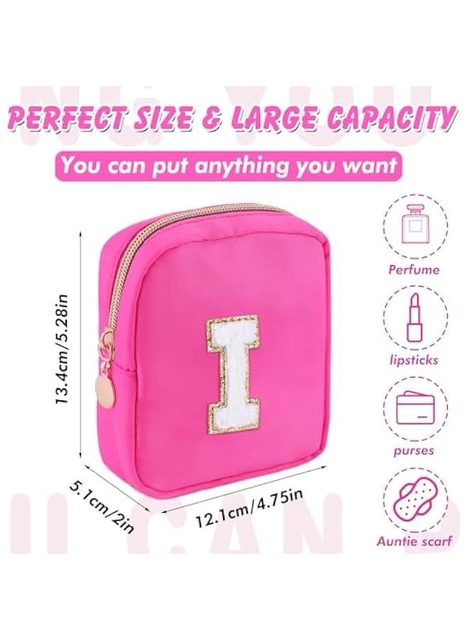 Initial Makeup Bag for Women Small Personalized Chenille Letter Nylon Cosmetic Bag for Purse Preppy Travel Cute Nylon Makeup Pouch Toiletry Makeup Organizer Bag for Birthday Gift(Hot Pink I)