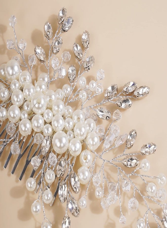 Xerling Silver Hair Side Comb for Wedding Vintage Pearl Bridal Comb for Hair Piece Rhinestones Headpiece Crystal Hair Accessories for Brides Flower Girls (Silver) - Image 5