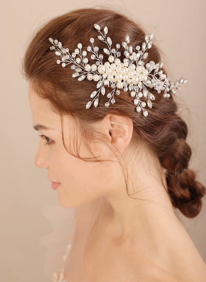 Xerling Silver Hair Side Comb for Wedding Vintage Pearl Bridal Comb for Hair Piece Rhinestones Headpiece Crystal Hair Accessories for Brides Flower Girls (Silver) - Image 2