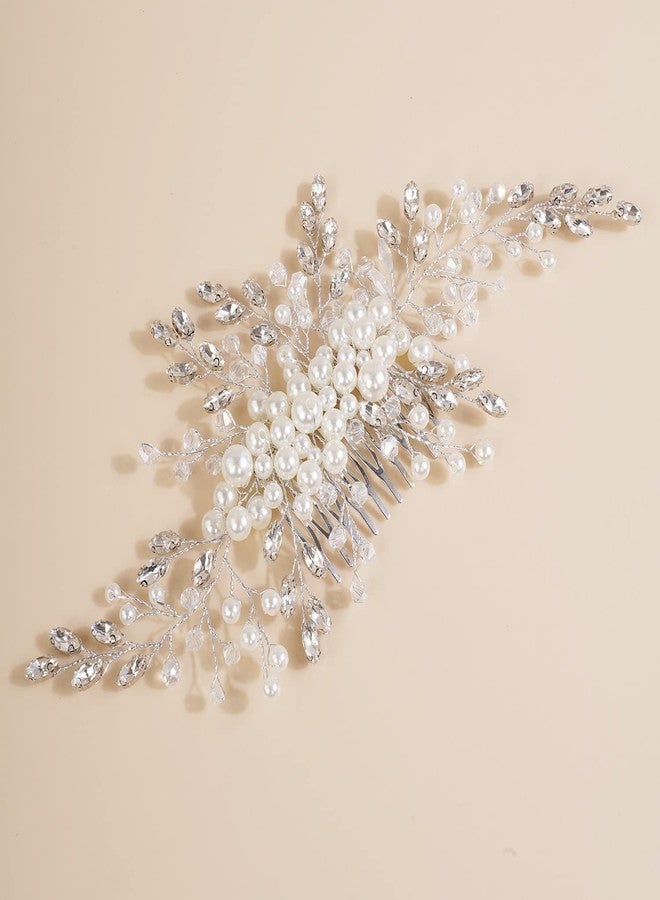 Xerling Silver Hair Side Comb for Wedding Vintage Pearl Bridal Comb for Hair Piece Rhinestones Headpiece Crystal Hair Accessories for Brides Flower Girls (Silver) - Image 3