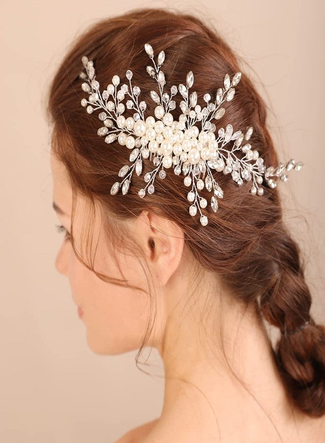Xerling Silver Hair Side Comb for Wedding Vintage Pearl Bridal Comb for Hair Piece Rhinestones Headpiece Crystal Hair Accessories for Brides Flower Girls (Silver) - Image 1