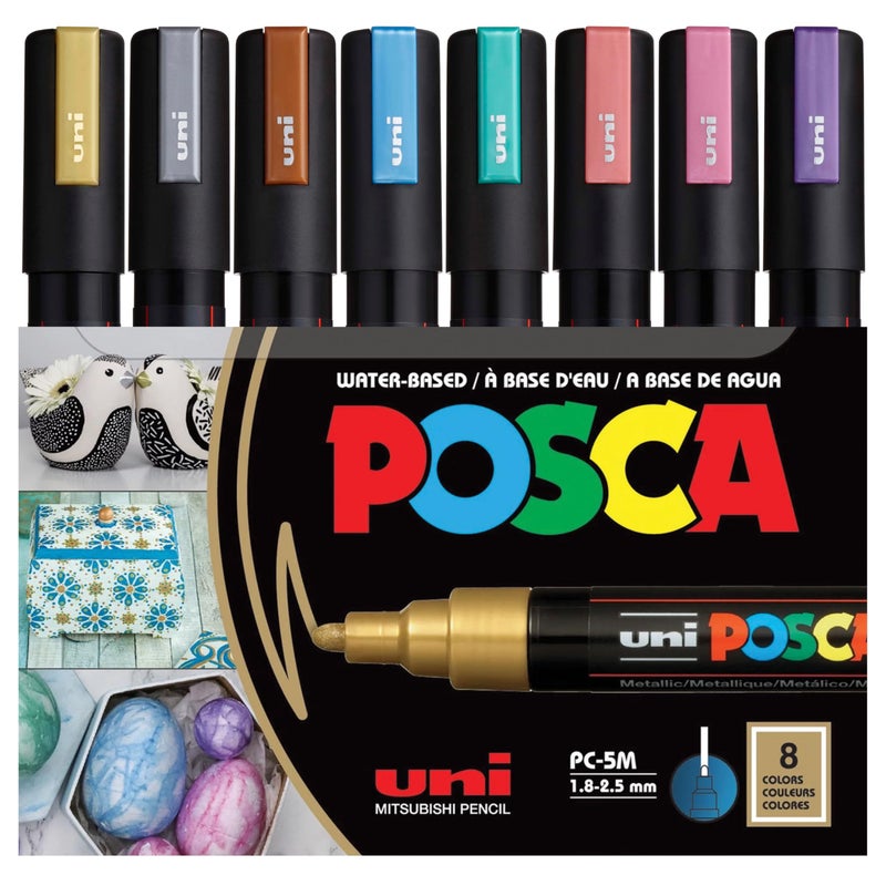 posca Markers Set, 8 Medium Paint Markers 5M – Metallic Tones – Gold, Silver, Bronze, Metallic Blue, Metallic Green, Metallic Red, Metallic Pink, Metallic Violet - Image 1